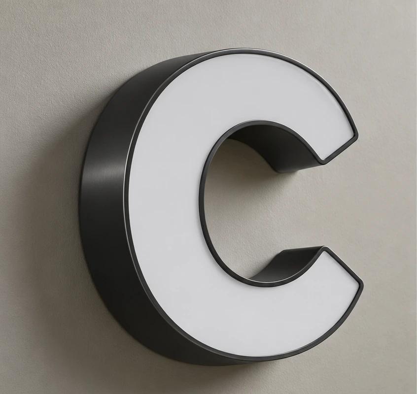 Letter C front-lit channel letter with white acrylic face and black trim cap, lights off